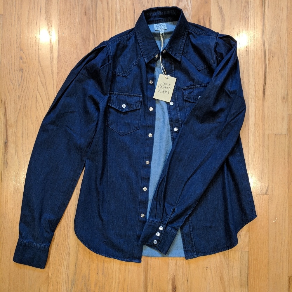 NWT Torn by Ronny Kobo Dark Wash Denim Shirt